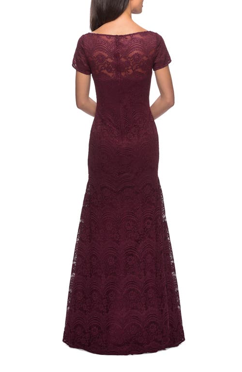 La Femme Floor Length Lace Gown With Short Sleeves In Garnet