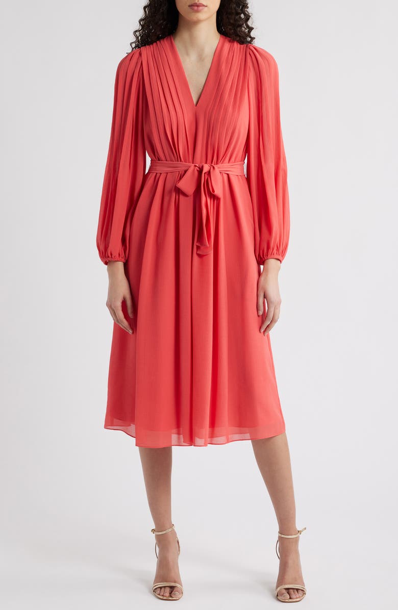 KOBI HALPERIN Tatum Pleated Tie Waist Long Sleeve Dress, Main, color, Poppy