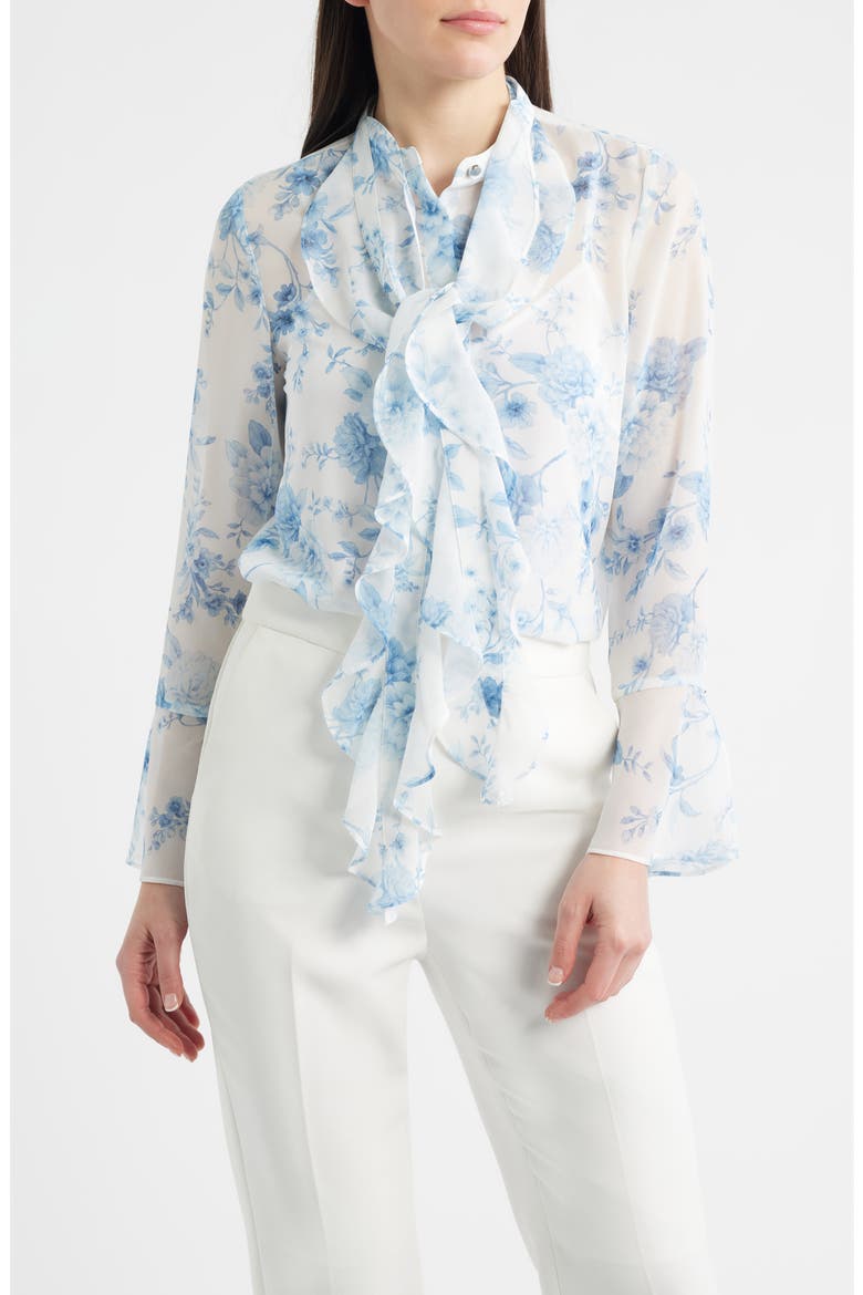 Ruffle Tie Neck Top, Main, color, CRISP WHITE MULTI