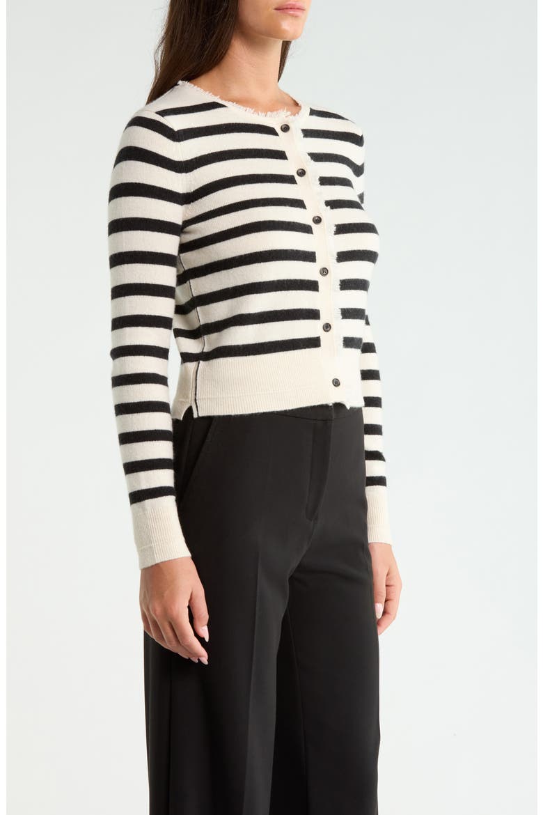 Fringe Trim Stripe Cashmere & Organic Cotton Cardigan, Alternate, color, IVORY/ BLACK STRIPE