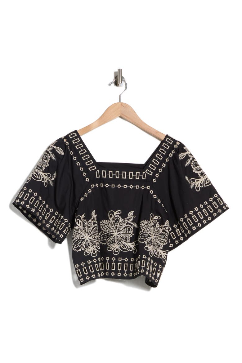 Embroidered Square Neck Blouse, Main, color, BLACK/ IVORY EMBROIDERY