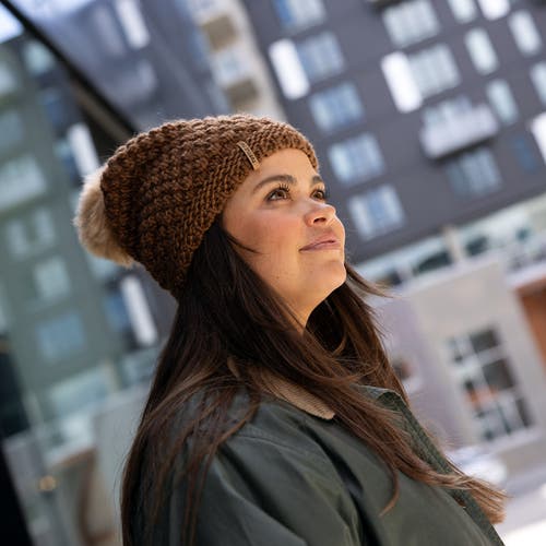 Turtle Fur Snowfall Pom Slouch Beanie In Brown