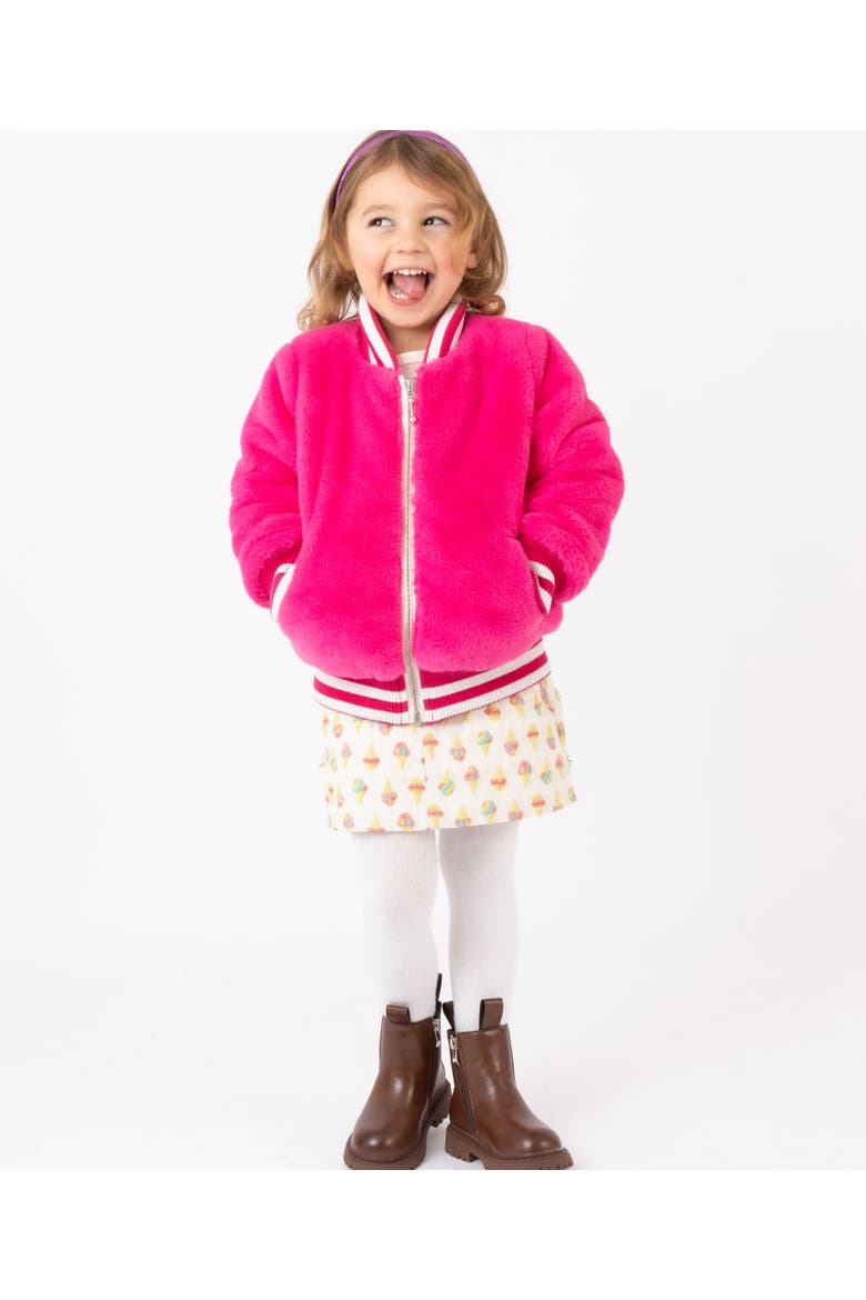 Faux Fur Zip Front Varsity Jacket, Alternate, color, Hot Pink Puff