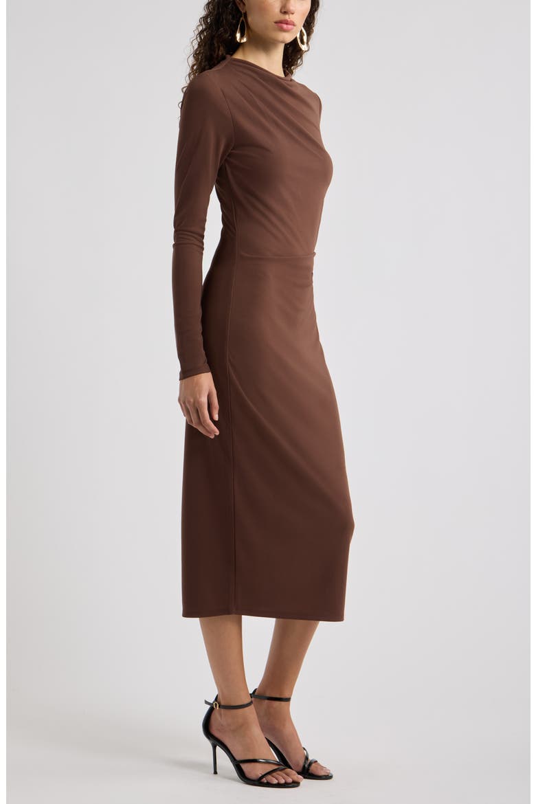 Pleated Long Sleeve Knit Midi Dress, Alternate, color, BROWN BITTER