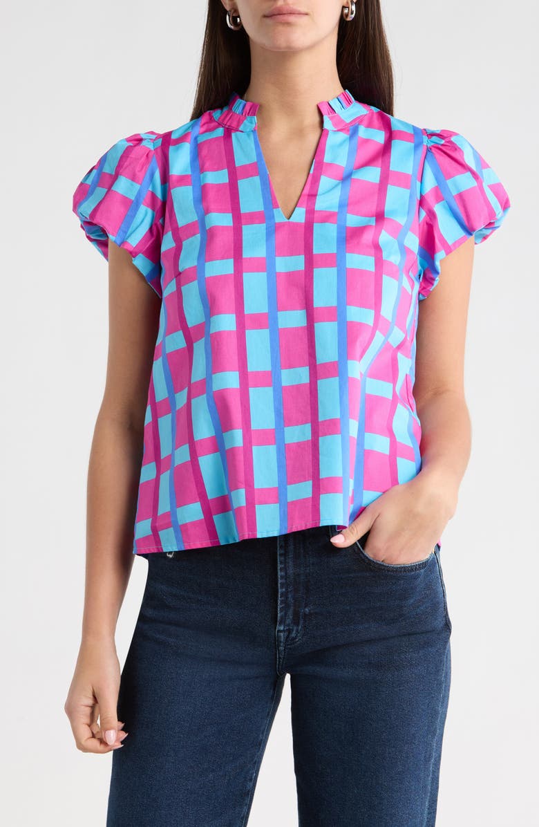 SUGARLIPS Marvy Checker Kenie Puff Sleeve Top, Main, color, Fuchsia-Blue-Multi
