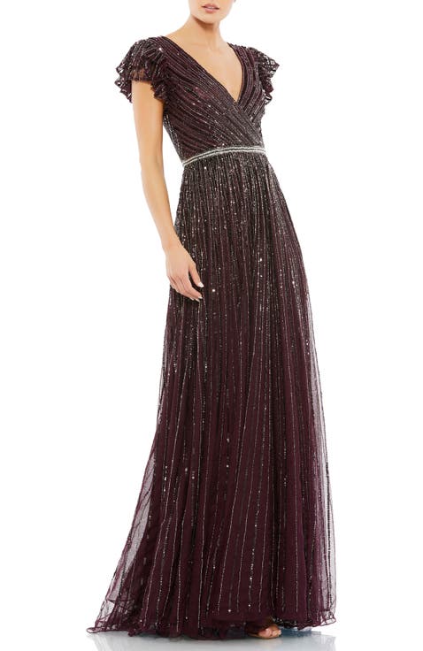 Ruffled Cap Sleeve Sequin Wrap Gown