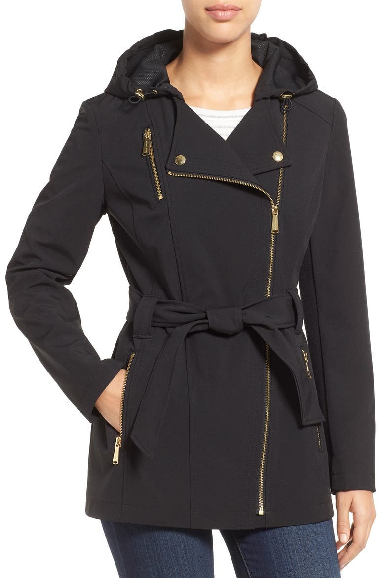 Asymmetrical Zip Belted Soft Shell Coat, Main, color, BLACK