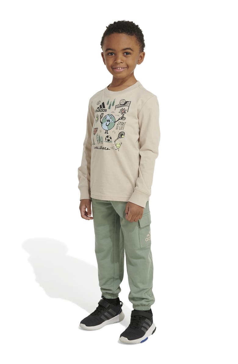 adidas Kids' Long Sleeve Cotton Graphic T-Shirt & Cargo Joggers Set, Alternate, color, 