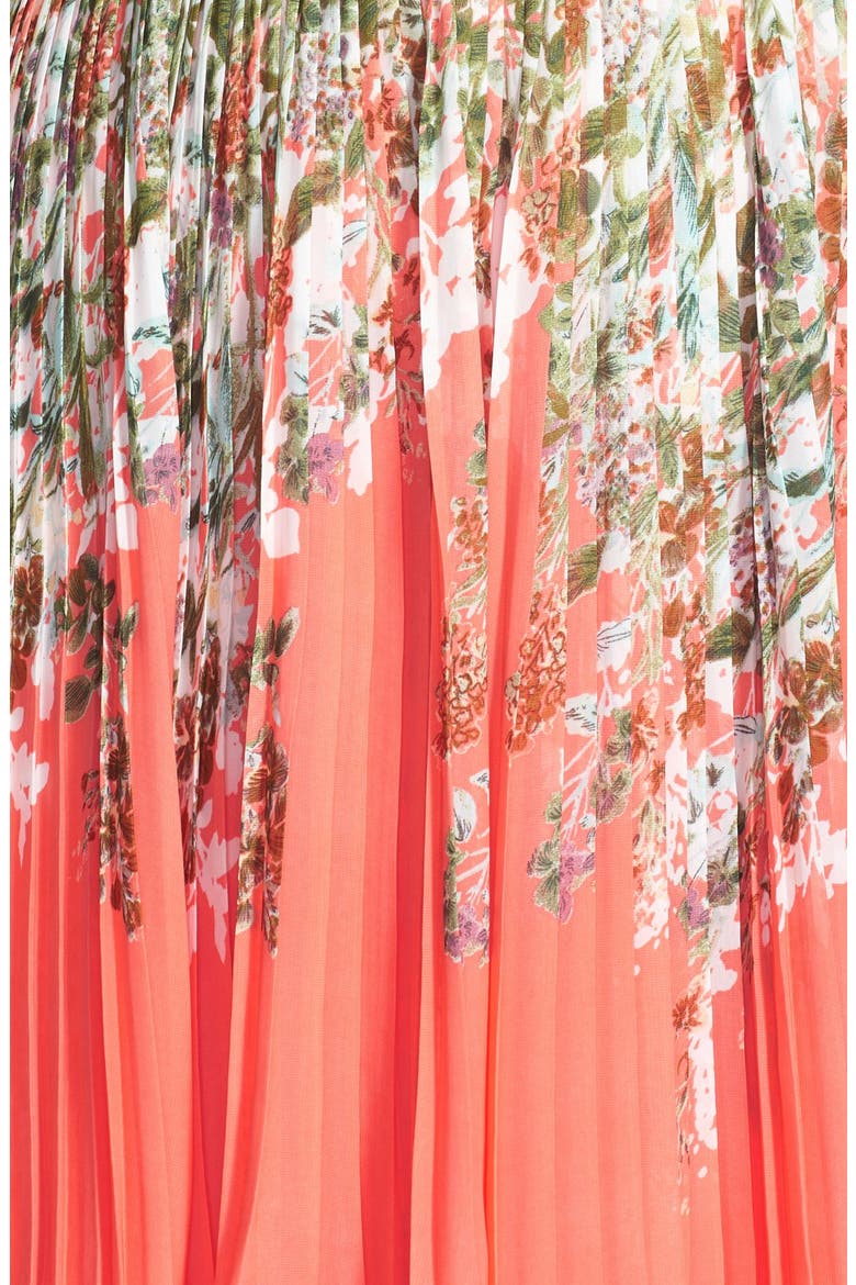 Floral Print Pleat Chiffon Fit & Flare Dress, Alternate, color, CORAL MULTI