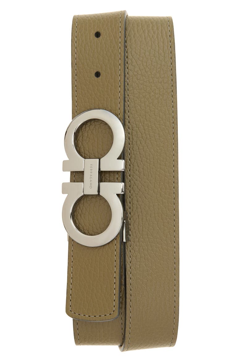 Double Gancio Pebbled Leather Belt, Main, color, NEW OLIVE NERO