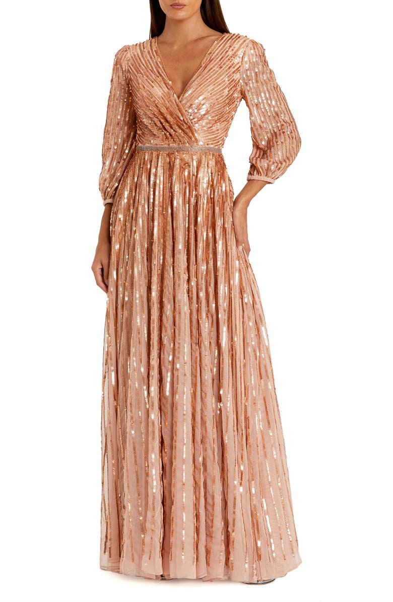 Mac Duggal Sequined Wrap Over 3/4 Sleeve Gown, Main, color, Apricot