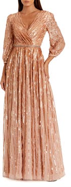 Mac Duggal Sequined Wrap Over 3/4 Sleeve Gown
