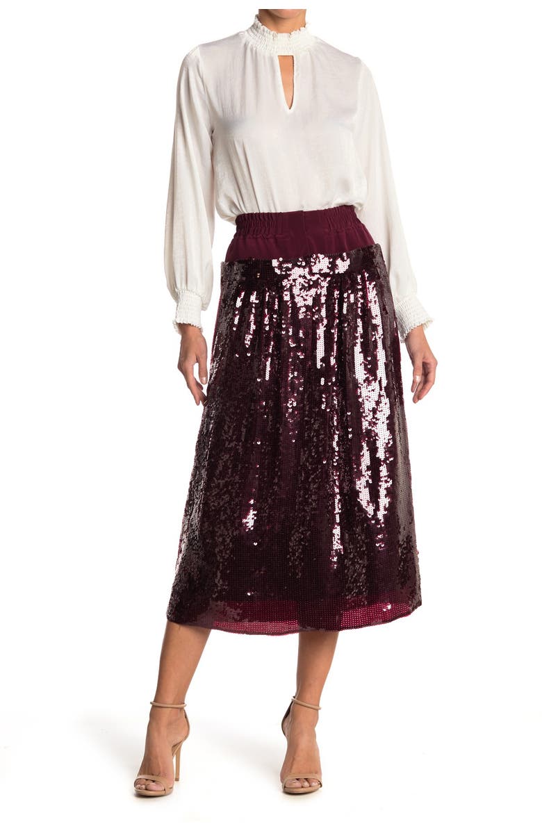 Tibi Sequin Layer Silk Midi Skirt, Main, color,