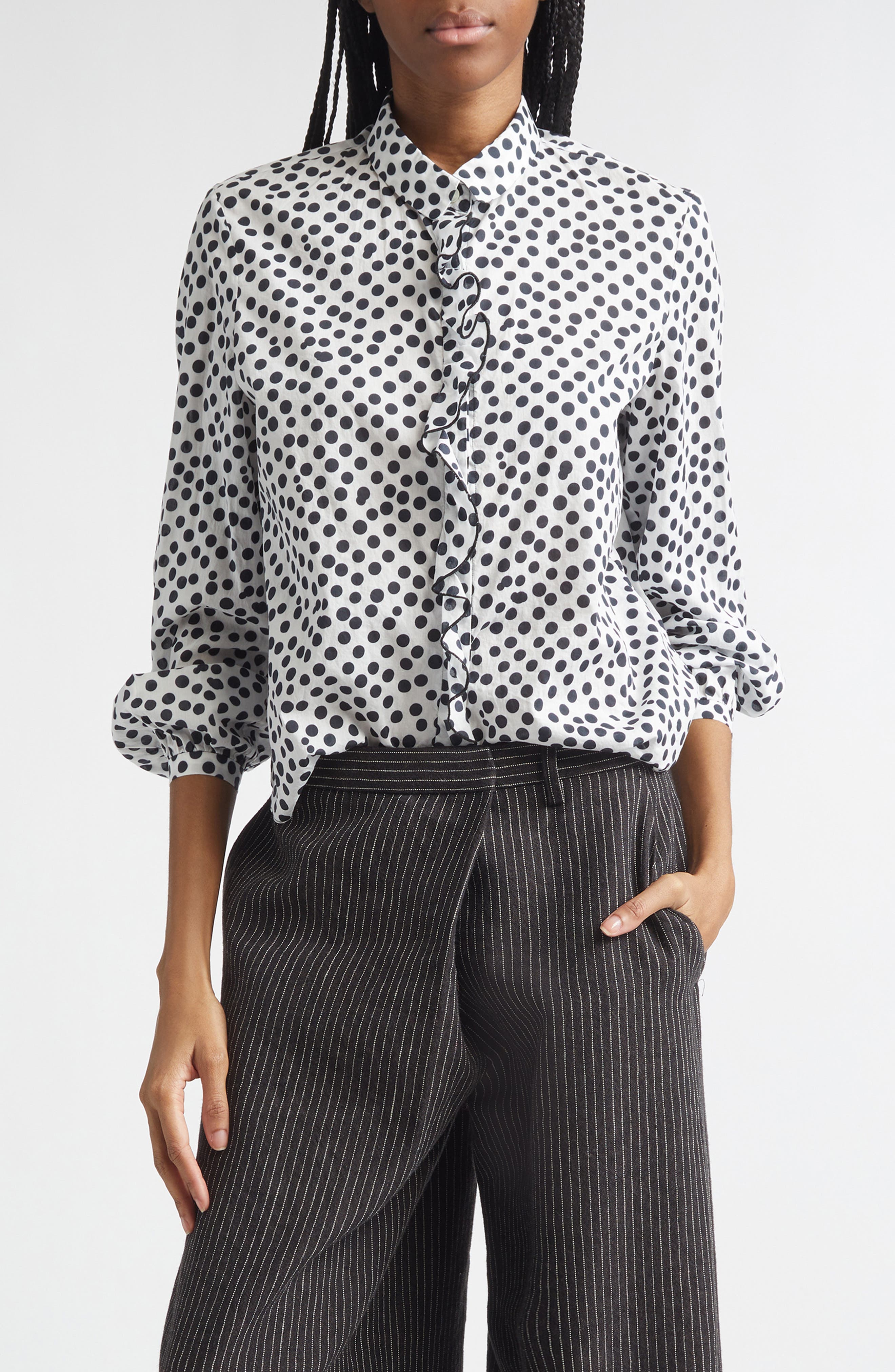 Polka Dot Ruffle Trim Button-Up Shirt