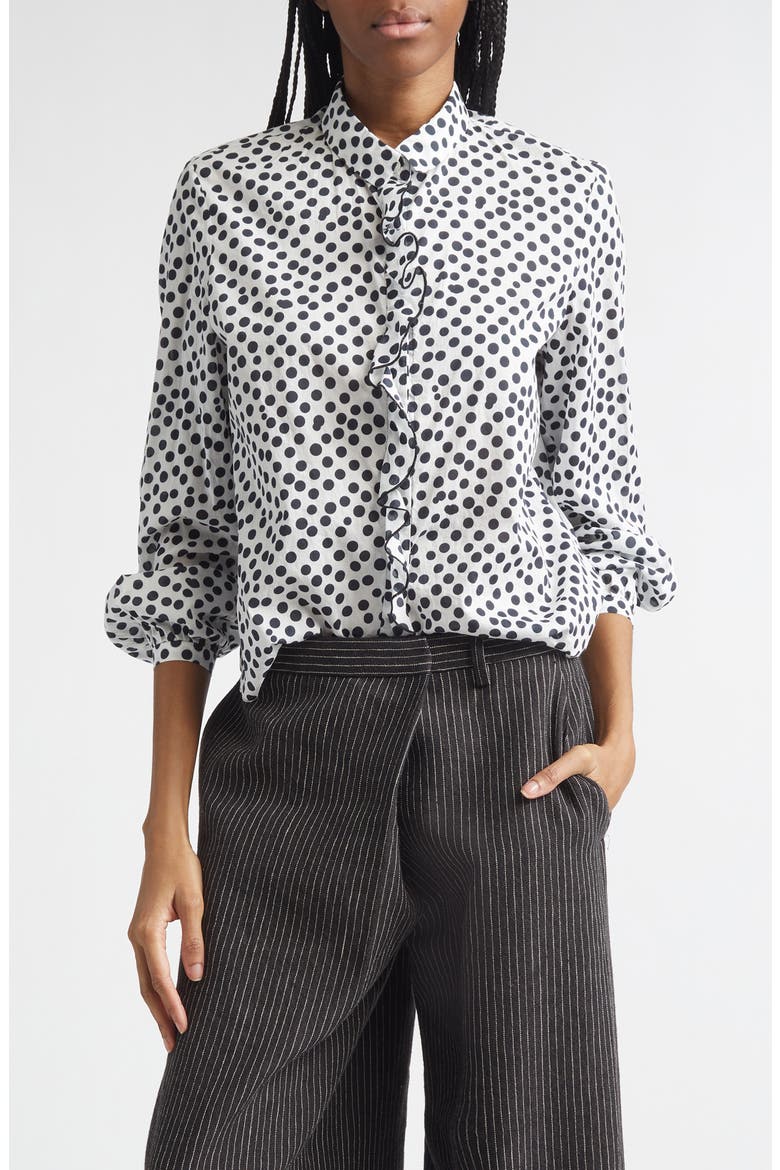 Polka Dot Ruffle Trim Button-Up Shirt, Main, color, WHITE WITH ALL OVER POLKA DOT