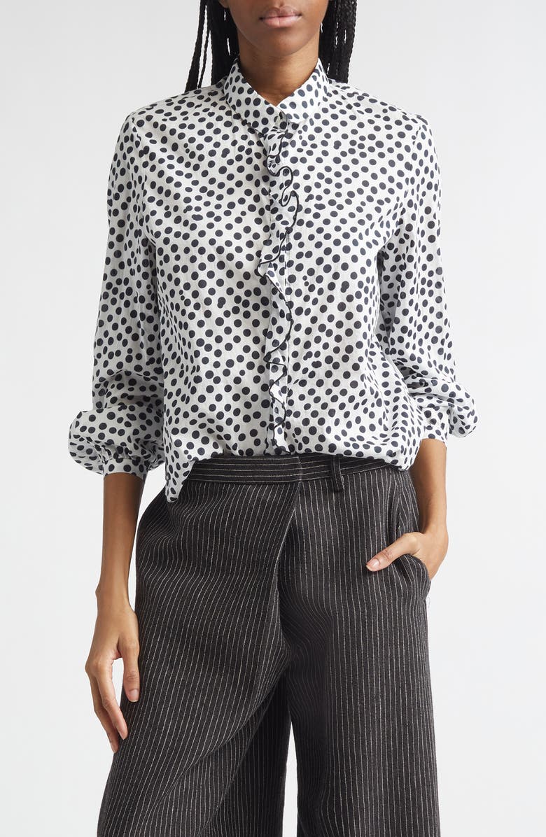 R13 Polka Dot Ruffle Trim Button-Up Shirt, Main, color, White With All Over Polka Dot