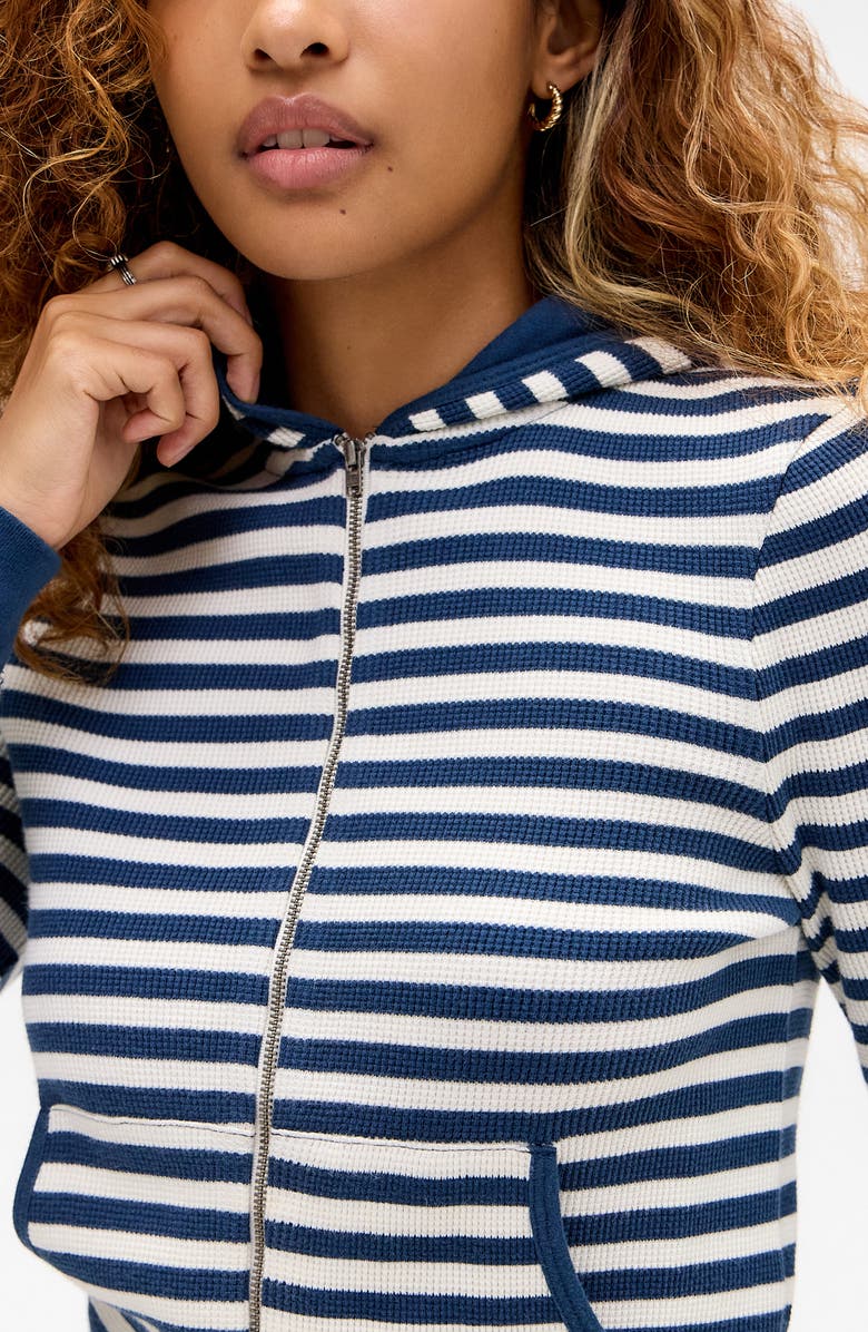 BDG Urban Outfitters Stripe Waffle Stitch Crop Zip Hoodie, Alternate, color, Navy