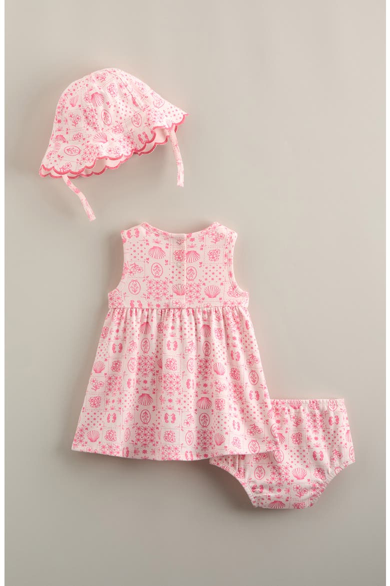 Pintuck Ruffle Cotton Dress, Hat & Bloomers Set, Alternate, color, PINK HEAVEN PAINTED TILES
