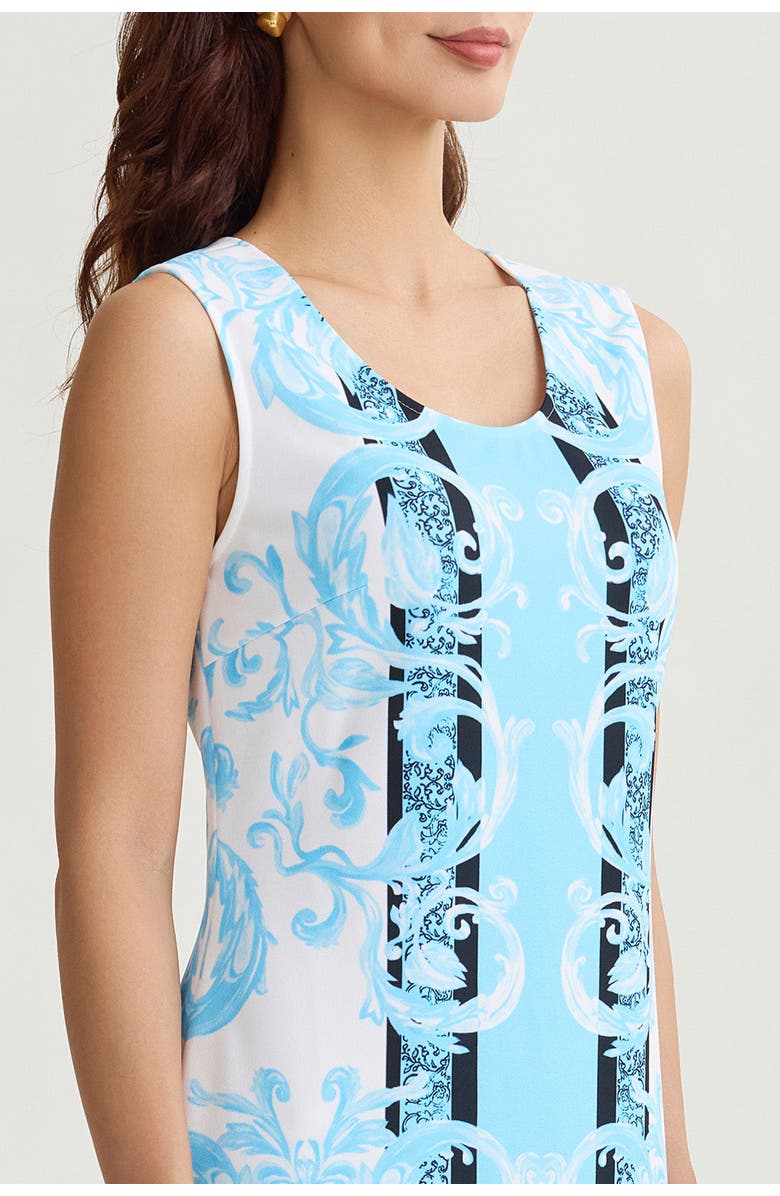 Ming Wang Filigree Printed Lined Stretch Deco Crepe Sheath Dress, Alternate, color, Serene/White/Black