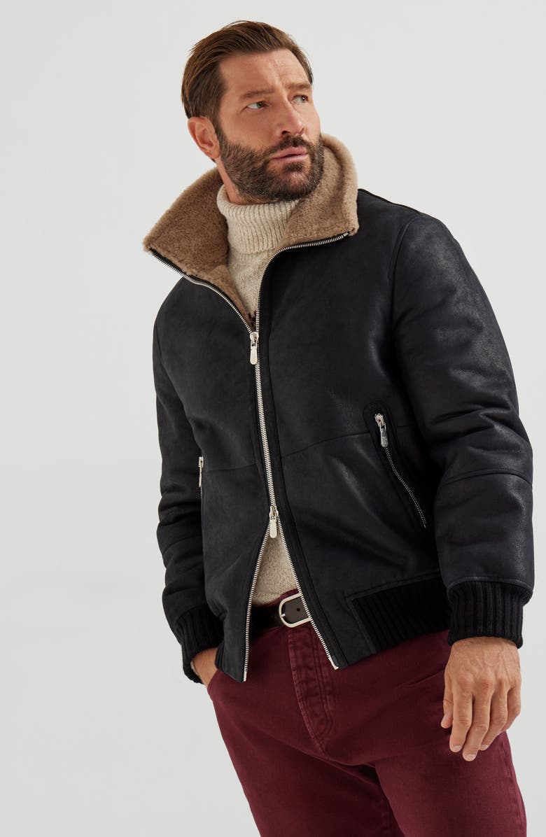 Brunello Cucinelli Nubuck shearling bomber jacket, Alternate, color, Black