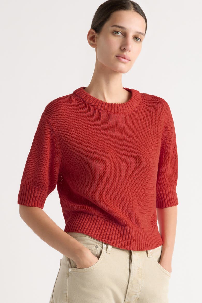 Heidi Pullover Short-Sleeve Knit Top, Alternate, color, Red Orange