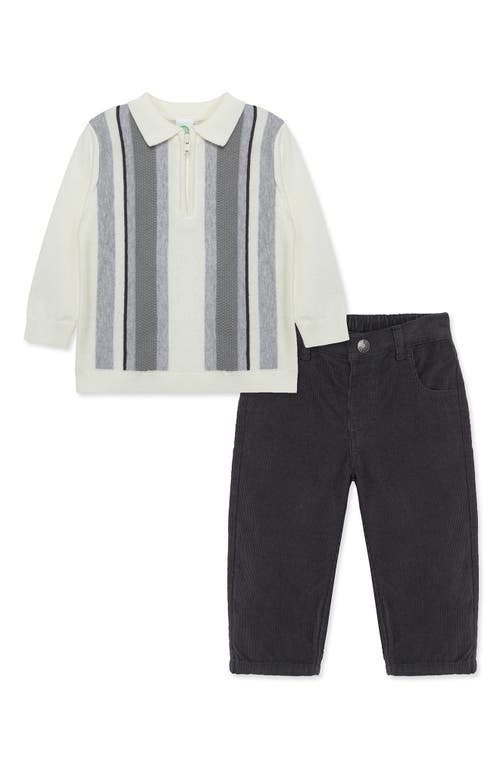 Little Me Stripe Cotton Half Zip Polo Sweater & Corduroy Pants Set in Grey 