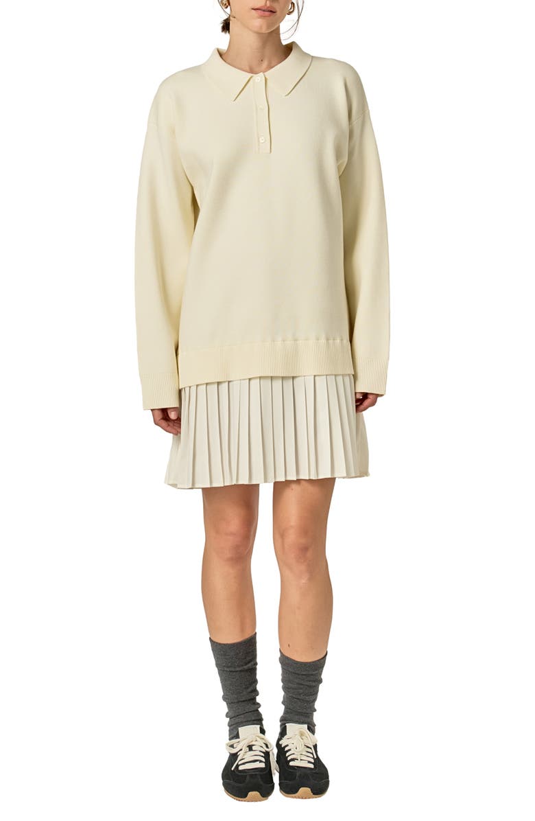 English Factory Long Sleeve Mixed Media Polo Minidress, Main, color, Cream