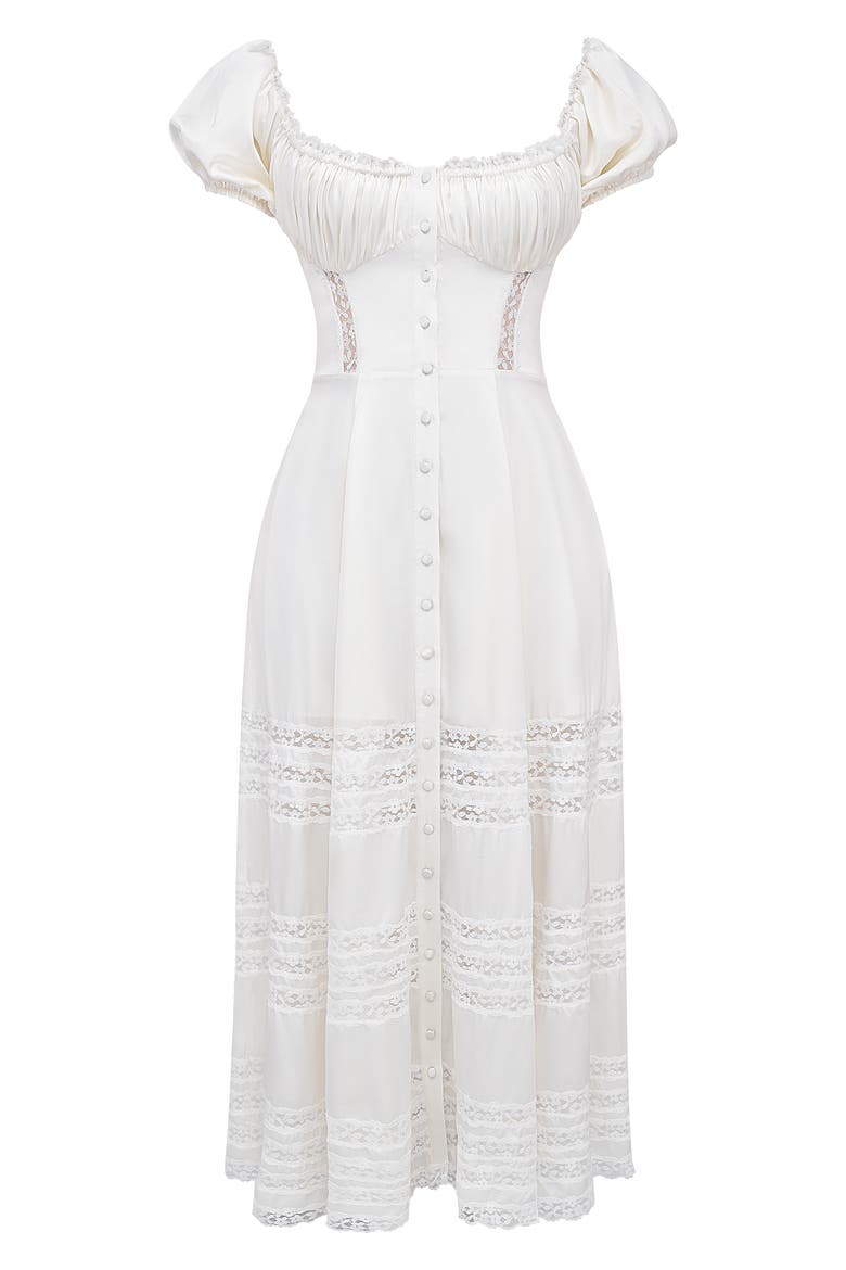 Eviana Lace Trim Puff Sleeve Silk Blend Maxi Dress, Alternate, color, WHITE