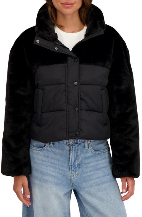 Faux Fur Mixed Media Puffer Jacket