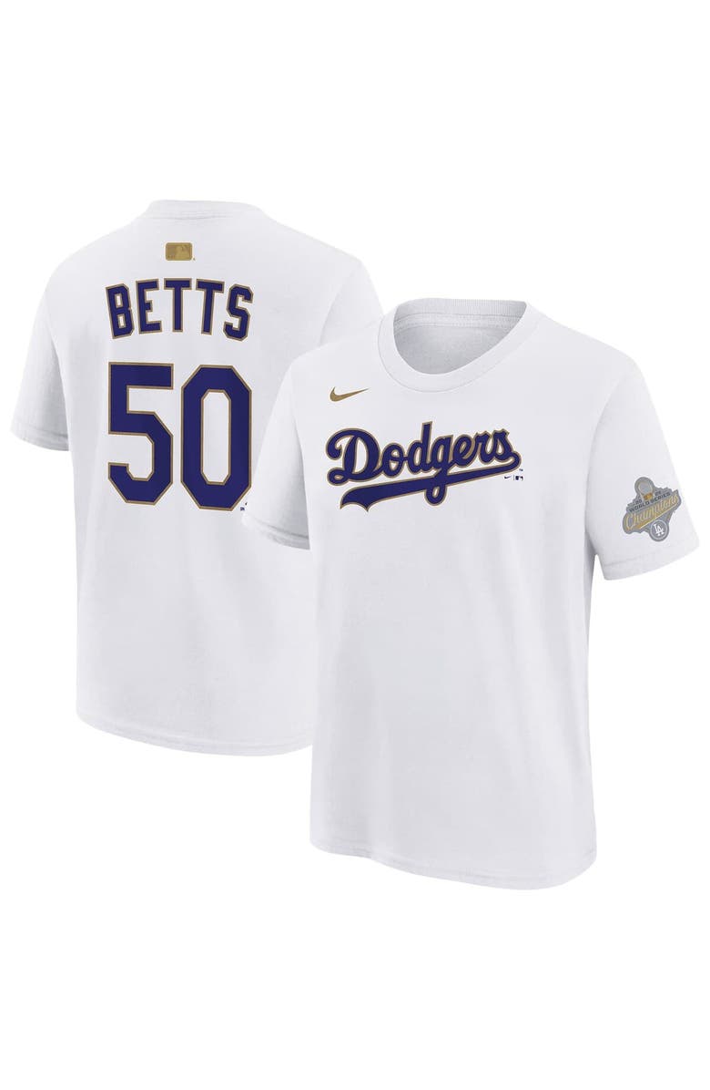 Nike Youth Nike Mookie Betts White Los Angeles Dodgers 2026 Gold Collection Name & Number T-Shirt, Main, color, White