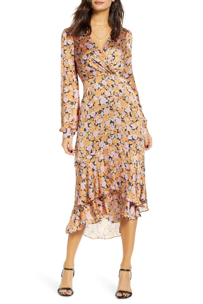 Celeste Ruffle Midi Dress, Main, color, PINK-GOLD FLORAL