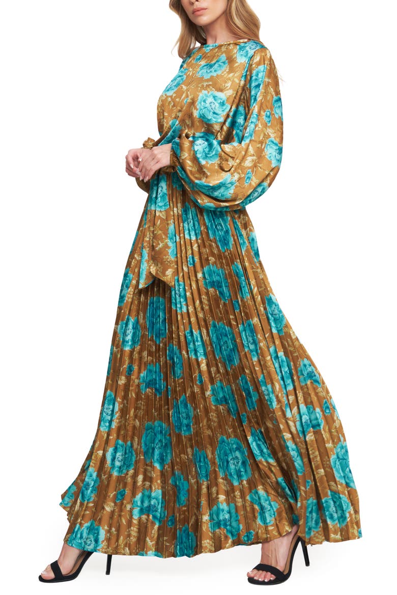 Long Sleeve Print Pleated Maxi Dress, Alternate, color, DIJON
