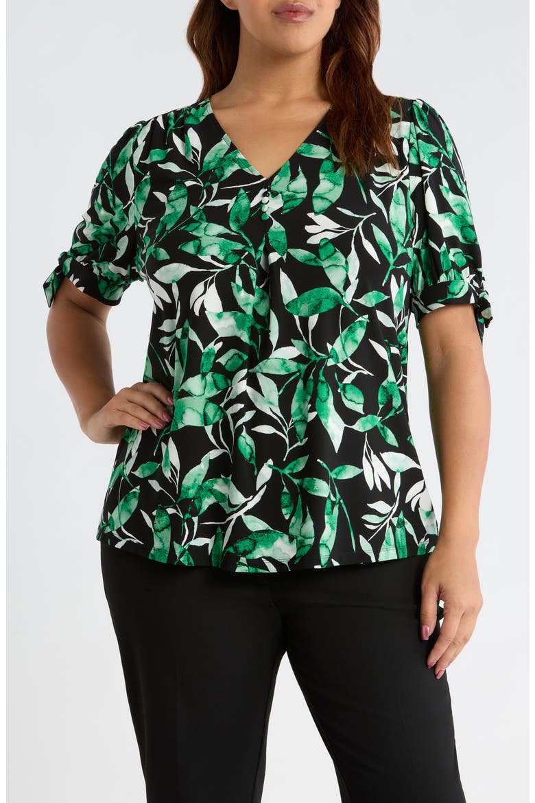 Tropical Print V-Neck Tie Cuff Knit Top, Main, color, ANNE BLACK MULTI