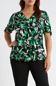 AK ANNE KLEIN Tropical Print V-Neck Tie Cuff Knit Top