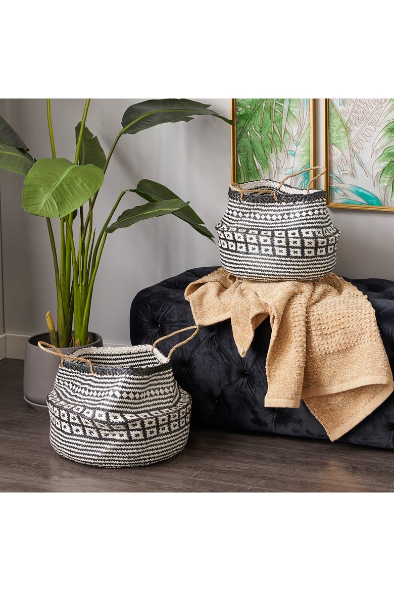 Black Wood Handmade Patterned Storage Basket with Handles - Set of 2, Alternate, color, BLACK