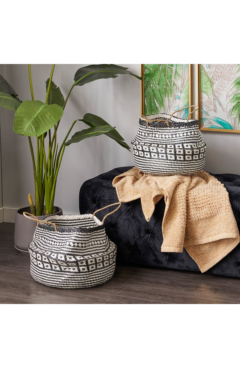 GINGER BIRCH STUDIO Black Wood Handmade Patterned Storage Basket with Handles - Set of 2, Alternate, color, Black