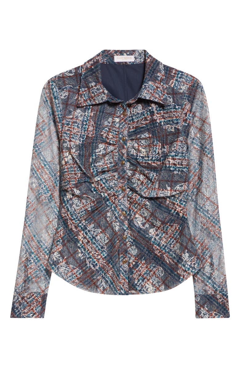 Ramy Brook Hamilton Ruched Mixed Plaid Button-Up Shirt, Alternate, color, Amber Multi