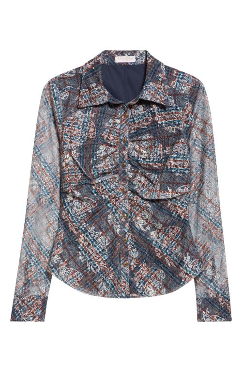 Ramy Brook Hamilton Ruched Mixed Plaid Button-up Shirt In Gray
