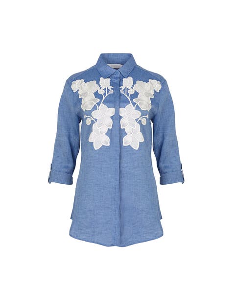 Women's Shirt  Citron Blue Linen Shirt With White Floral Applique