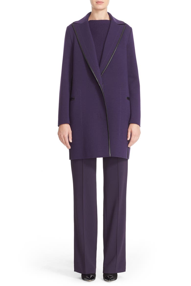 Leather Trim Merino Wool Coat, Alternate, color, PURPLE