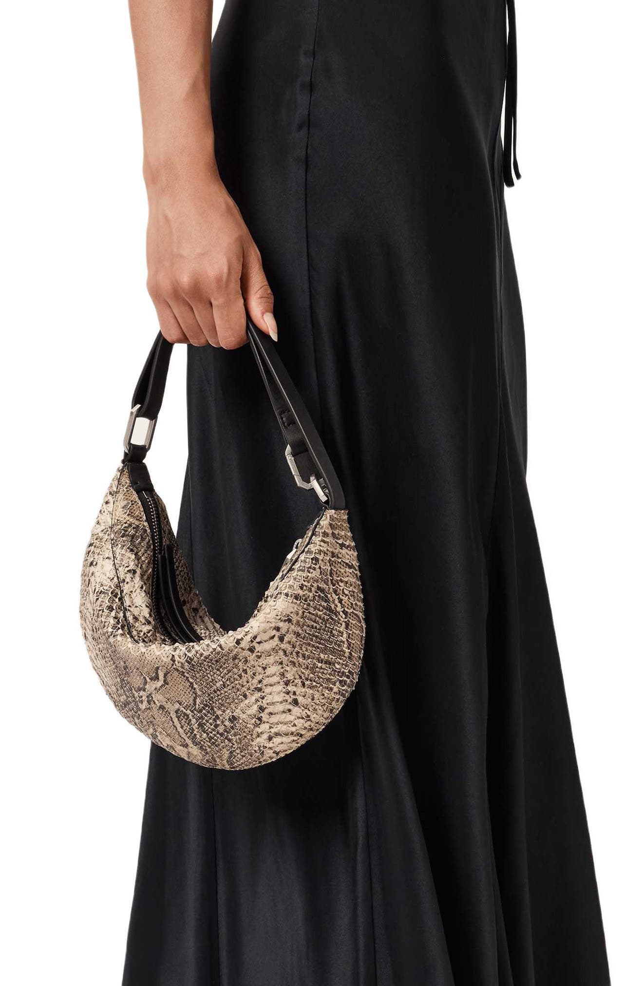 AllSaints Mirco Luna Snakeskin Embossed Leather Shoulder Bag, Alternate, color, Desert White
