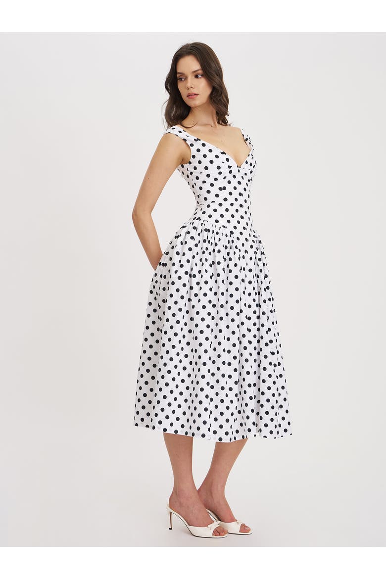 Rahma Polka Dot Drop Waist Midi Cotton Poplin Dress, Alternate, color, White with polka dot print