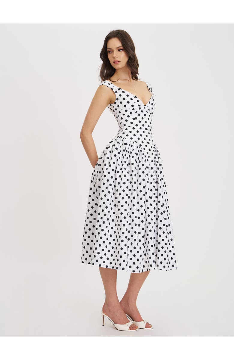 Miss Circle Rahma Polka Dot Drop Waist Midi Cotton Poplin Dress, Alternate, color, White With Polka Dot Print