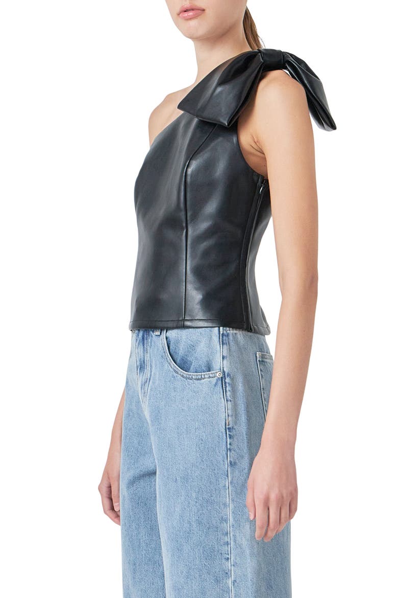 One-Shoulder Faux Leather Top, Alternate, color, BLACK