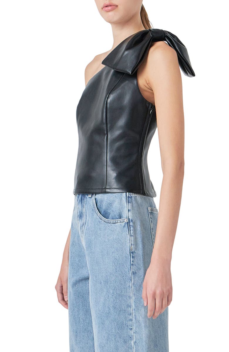 Grey Lab One-Shoulder Faux Leather Top, Alternate, color, Black