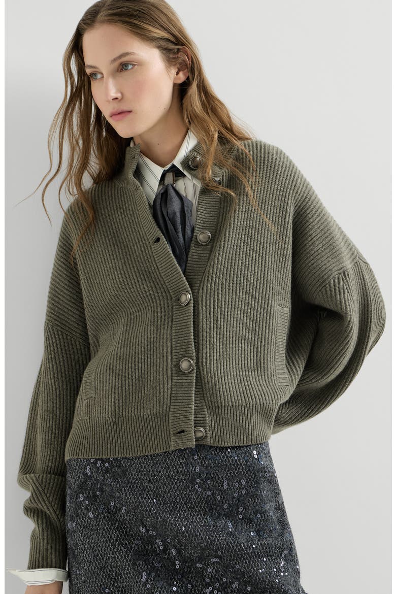 Cashmere English rib cardigan with monili, Alternate, color, Origano