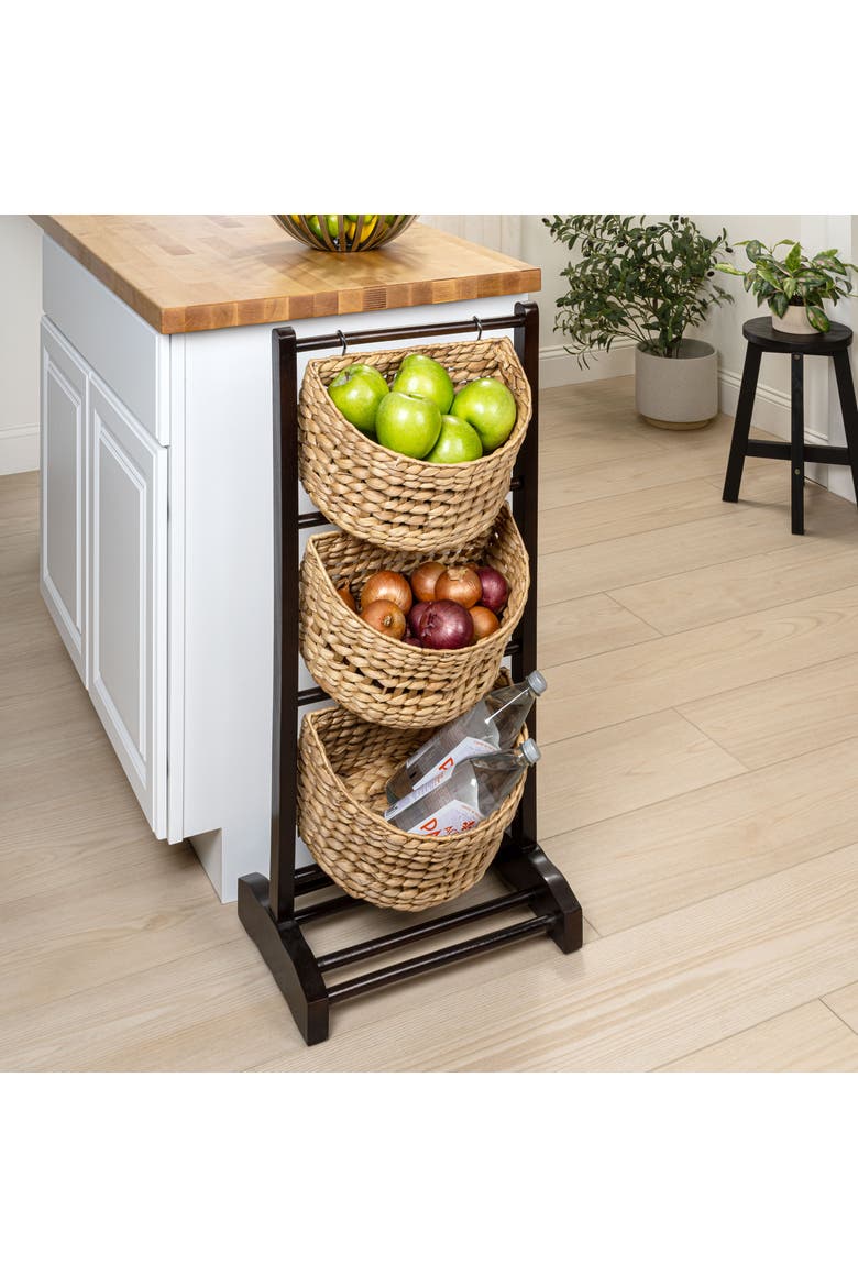 Havana Handcrafted Pine Wood 3-Tier Floor Stand with Water Hyacinth Baskets Storage Rack, Alternate, color, Brown