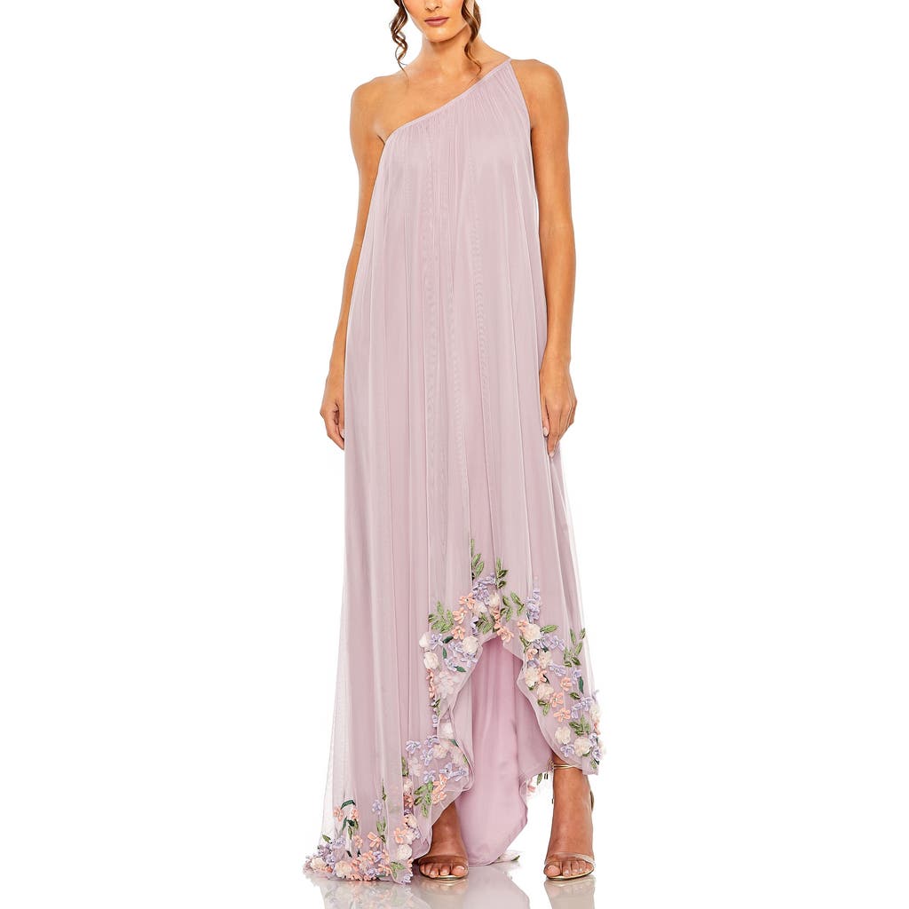 Mac Duggal One Shoulder Trapeze Embellished High Low Gown In Orchid Multi