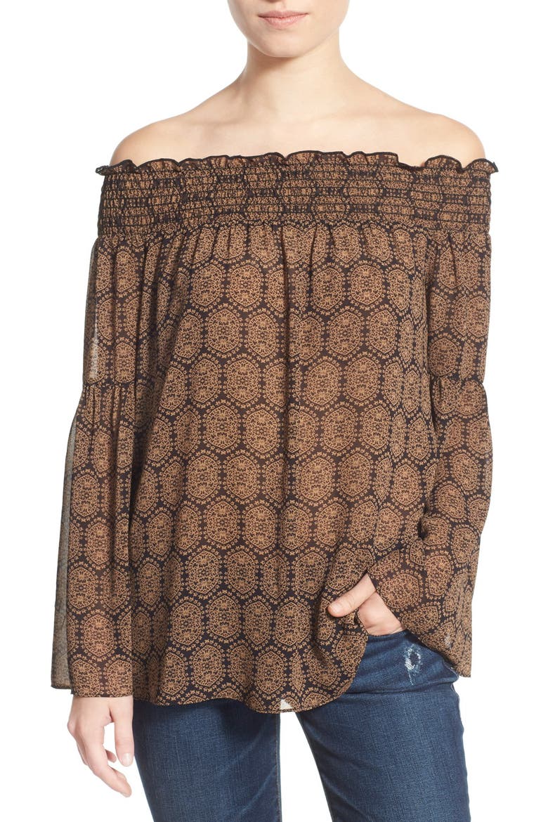 Print Off the Shoulder Top, Main, color, BROWN/ BLACK