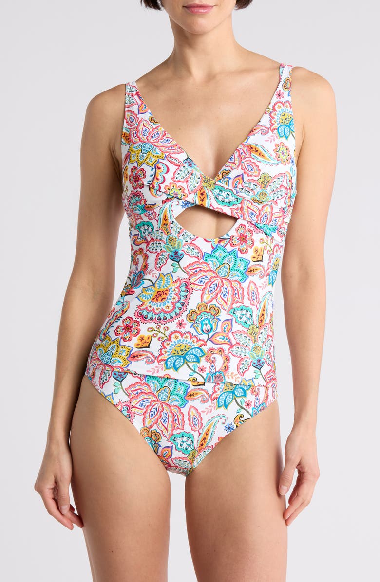 La Blanca Cross Front Keyhole Cutout One-Piece Swimsuit, Main, color, White Multi